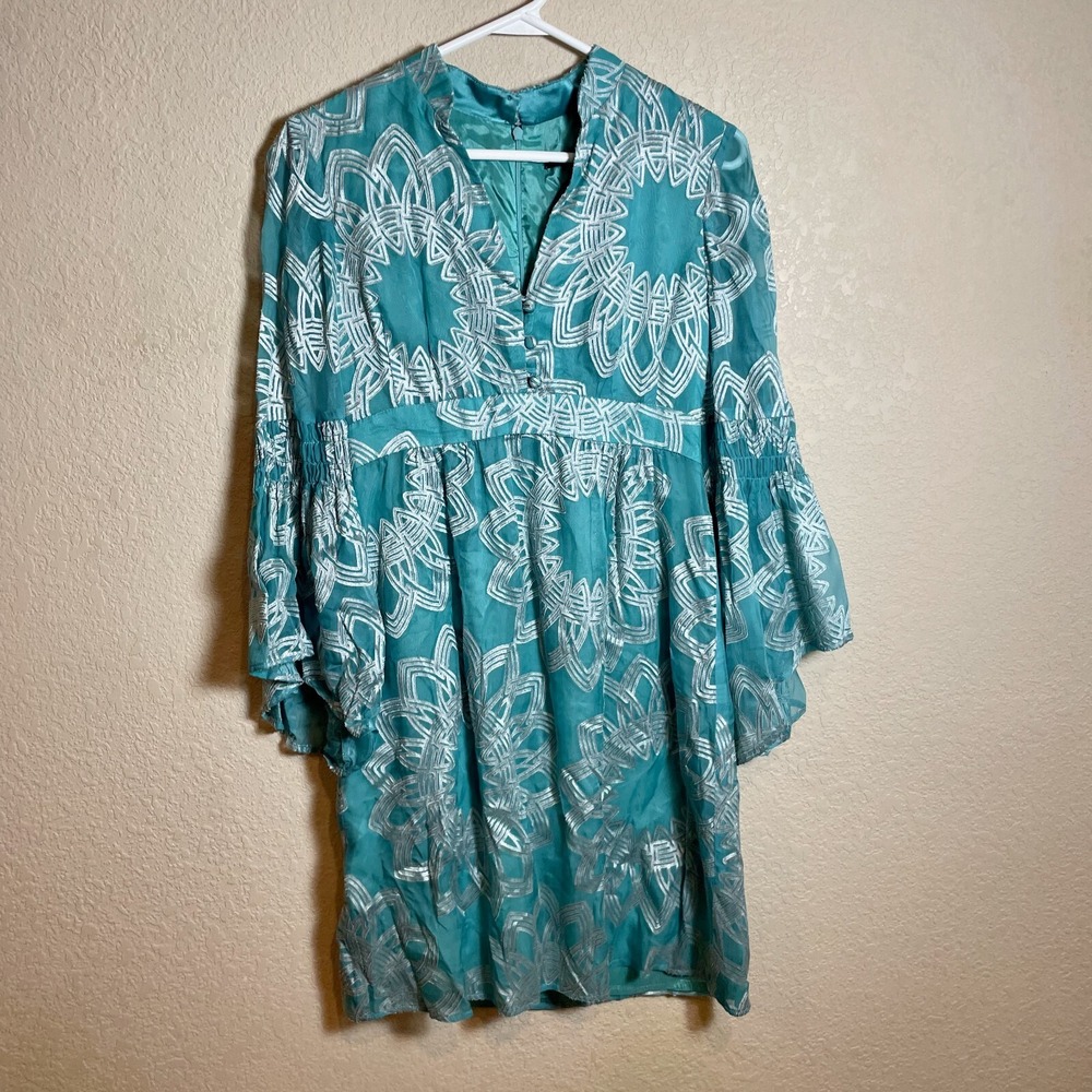 Nanette Lepore A-line Dress Womens 2 Blue Silk Blend V-neck Bell Sleeve Floral